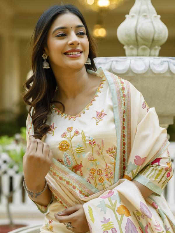 VP 9743 C Floral Printed Handwork Silk Straight Kurta With Trousers & Dupatta Suits